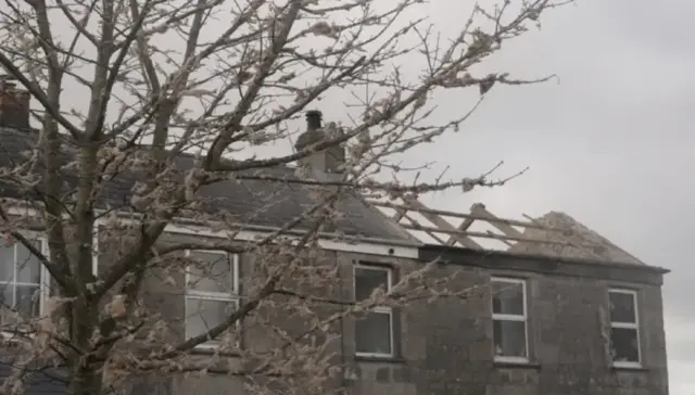 A picture of a house with a large portion of its roof missing. There is a tree stood to the front right of the house