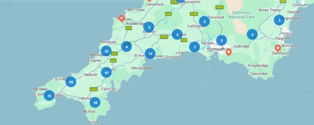 Map showing where power cuts have been reported in Devon and Cornwall.