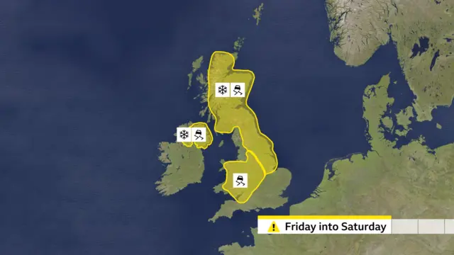 A weather map of the UK showing yellow alert areas where there is a danger of ice and of vehicles slipping on roads