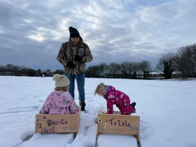 Rich, Reenie and Trixie playing in the snow