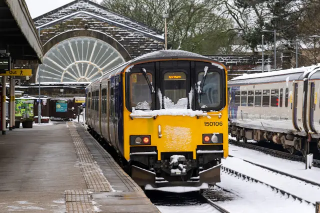 A train on an empty platform at Buxton train station, following Storm Goretti, in Buxton