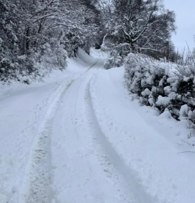 Thick snow covers a road