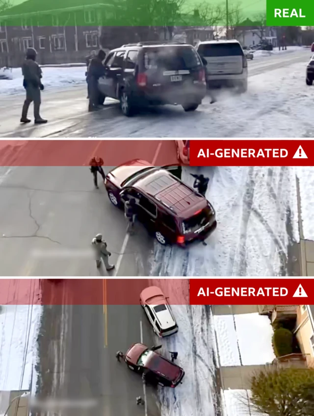 A screengrab of the frame from the real footage and two screenshots from the AI simulation