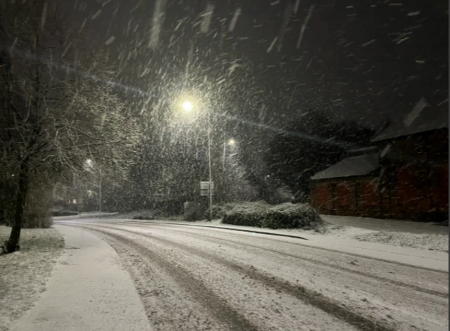 Snow falling on a road