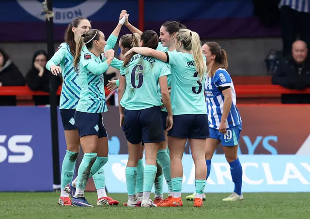 Players of London City Lionesses celebrate after Freya Godfrey scores her team's second goal