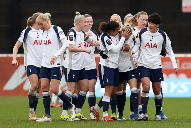 Matilda Vinberg of Tottenham Hotspur (3R) celebrates scoring her team's first goal with teammates