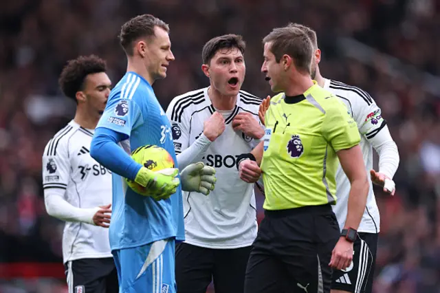 Jorge Cuenca of Fulham protests with Referee John Brooks