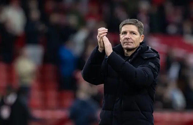 Crystal Palace's manager Oliver Glasner applauds his side's travelling supporters