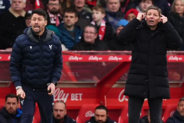 Crystal Palace manager Oliver Glasner (right) with assistant manager Patrick McCarthy on the touchline