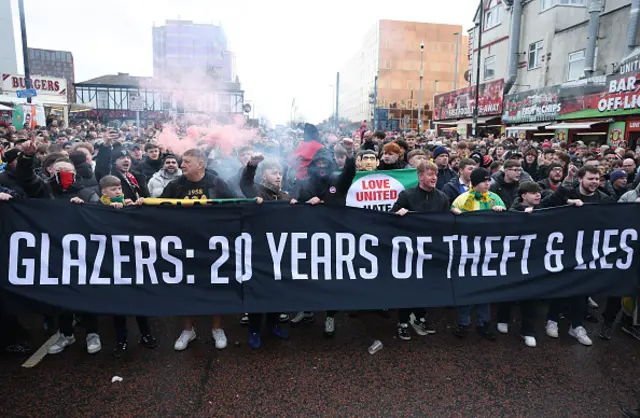 A general view of fans of Manchester United as they participate in a protest