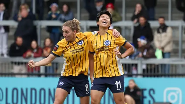 Kiko Seike (right) celebrates scoring against London City