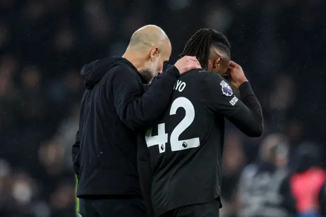 Head Coach Pep Guardiola with Antoine Semenyo