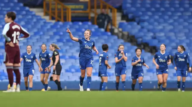 Aurora Galli of Everton celebrates her team's second goal scored by teammate Martina Fernandez