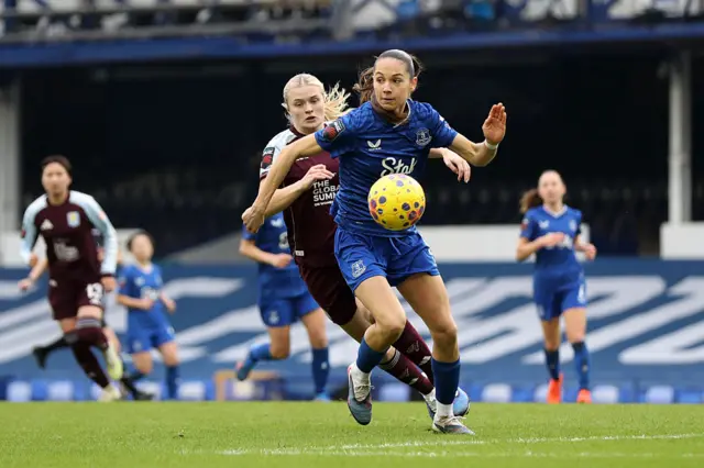 Ornella Vignola of Everton runs with the ball while under pressure from Georgia Mullett of Aston Villa