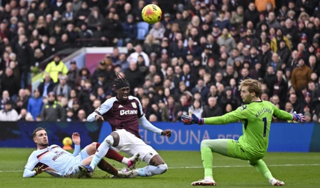 Aston Villa's Tammy Abraham in action with Brentford's Jordan Henderson and Caoimhin Kelleher