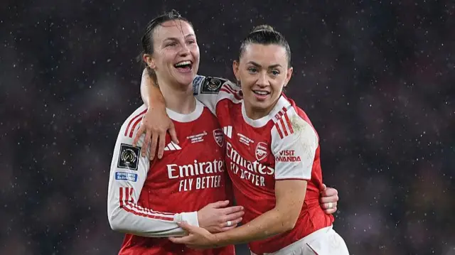 Lotte Wubben-Moy celebrates with Katie McCabe