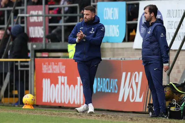 Martin Ho, Manager of Tottenham Hotspur, reacts during the Barclays Women's Super League match between West Ham United and Tottenham Hotspur