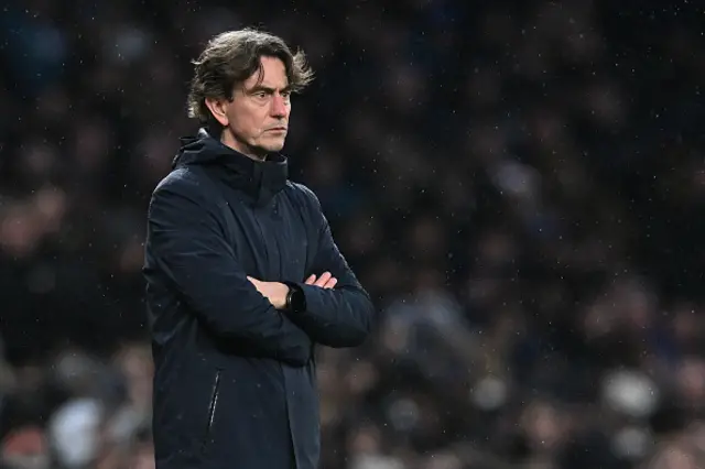 Thomas Frank manager of Tottenham Hotspur looks on