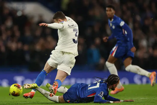 Chelsea's French defender #27 Malo Gusto (R) fouls Leeds United's Swedish defender #03 Gabriel Gudmundsson (L) during the English Premier League football match between Chelsea and Leeds United at Stamford Bridge in London on February 10, 2026.