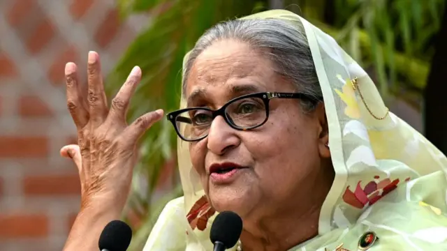 Sheikh Hasina gestures as she speaks into a microphone