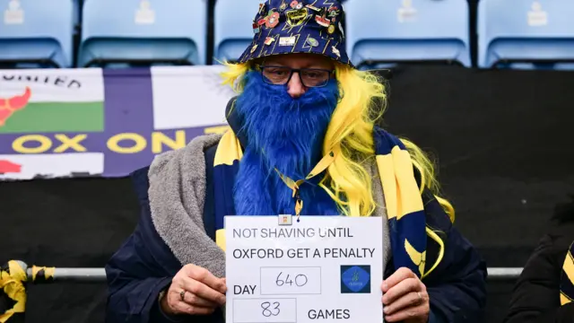 Oxford United fan Gary Hudson wearing a blue and yellow beard at a football match and carrying a sign saying he will not shave until his team are awarded a penalty