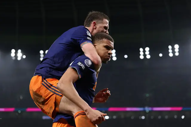 Malick Thiaw of Newcastle United celebrates after he scores a goal to make it 1-0 with Sven Botman of Newcastle United during the Premier League match between Tottenham Hotspur and Newcastle United at Tottenham Hotspur Stadium on February 10, 2026 in London, England.