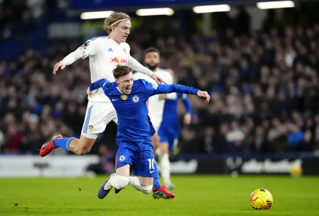 Description Leeds United's Sebastiaan Bornauw fouls Chelsea's Cole Palmer during the Premier League match at Stamford Bridge, London. Picture date: Tuesday February 10, 2026.