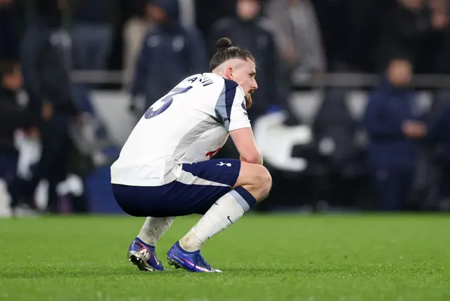 Radu Dragusin of Tottenham Hotspur reacts after the Premier League match between Tottenham Hotspur and Newcastle United at Tottenham Hotspur Stadium on February 10, 2026 in London, England.