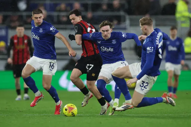 Everton's James Garner and Everton's Vitaliy Mykolenko in action with AFC Bournemouth's Alex Toth.