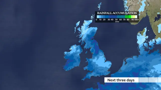 A map showing expected rainfall accumulation for the next three days