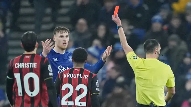 Everton's Jake O'Brien is sent off during the Premier League match at the Hill Dickinson Stadium, Liverpool.