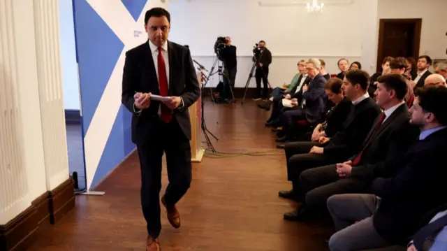 Scottish Labour leader Anas Sarwar after speaking to the media during a press conference at Trades Hall, Glasgow,