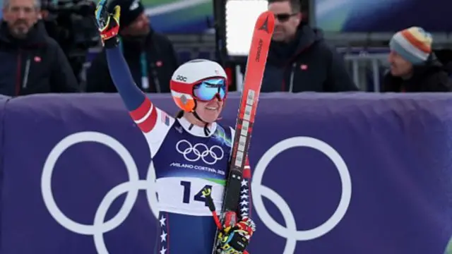 Breezy Johnson celebrates