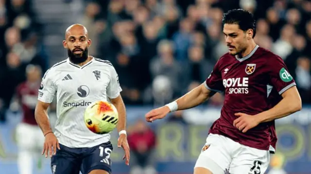 Bryan Mbeumo of Manchester United in action during the Premier League match between West Ham United and Manchester United at London Stadium on February 10, 2026 in London, England.