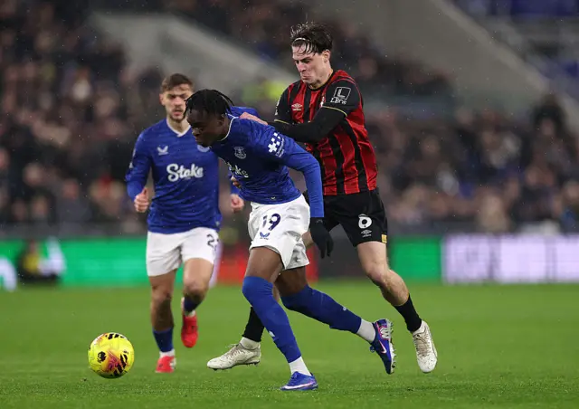 Tyrique George of Everton is challenged by Alex Scott of AFC Bournemouth during the Premier League match between Everton and Bournemouth at Goodison Park on February 10, 2026 in Liverpool, England.