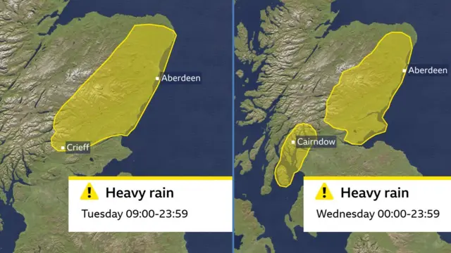 A map showing yellow weather warnings