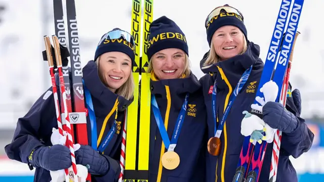 Sweden's medallists in the women's cross country skiing sprint classic