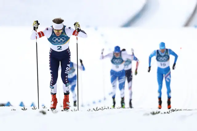 Ben Ogden competes in heat 2 of the men's cross country sprint classic quarterfinal