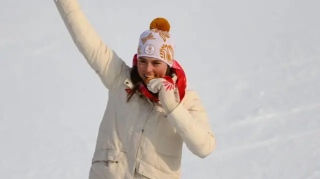 Gold medalist Petra Vlhova of Team Slovakia poses during the Women's Alpine Skiing Slalom medal ceremony on Day five of the Beijing 2022 Winter Olympic Games
