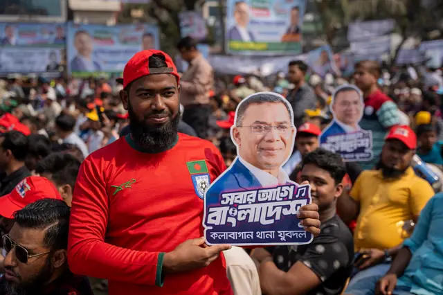 DHAKA, BANGLADESH - FEBRUARY 9: BNP Chairman Tarique Rahman speaks at a massive BNP rally at Kalabagan Krira Chakra filed in Dhaka. Tarique Rahman meets members of the public while carrying out his election campaign for the forthcoming 13th Parliamentary Election 2026 (Photo by Suman Kanti Paul/Drik/Getty Images)
