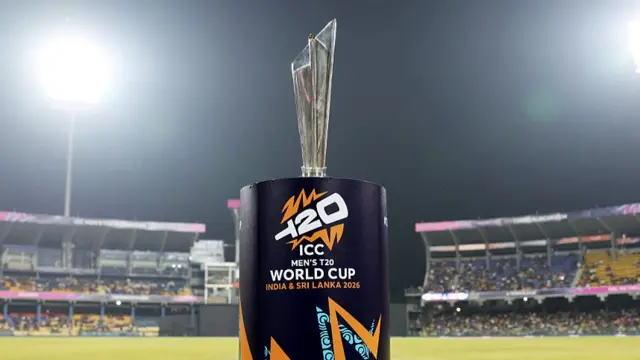 A detailed view of the ICC Men's T20 World Cup trophy prior to the ICC Men's T20 World Cup India & Sri Lanka 2026 match between Sri Lanka and Ireland at R. Premadasa Stadium