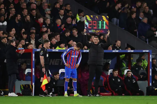 The Primer League with Pride sub board is displayed as Brennan Johnson prepares to come on to the pitch
