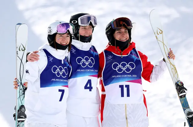 Jaelin Kauf, Elizabeth Lemley and Perrine Laffont on the podium