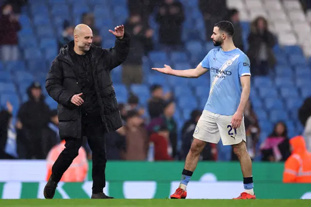 Pep Guardiola, Manager of Manchester City, celebrates