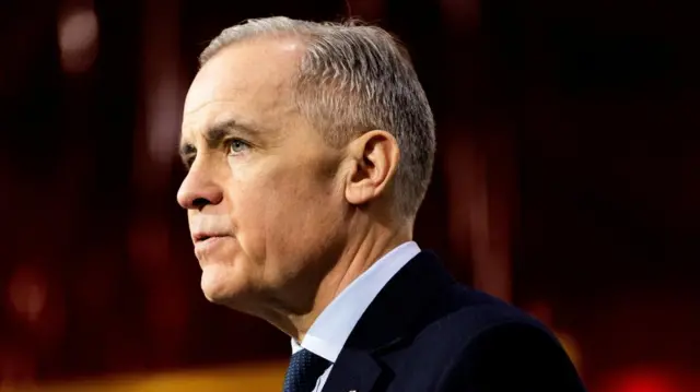 Mark Carney facing the left and wearing a dark navy suit with a blue checkered tie.