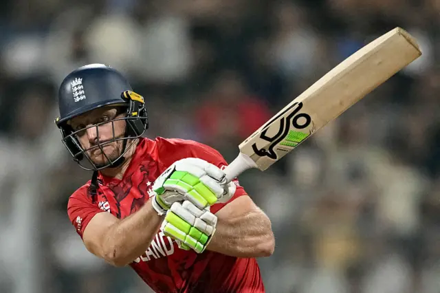 England's Jos Buttler plays a shot during the 2026 ICC Men's T20 Cricket World Cup group stage match between England and West Indies