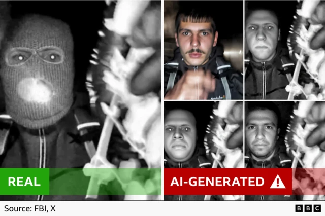 एफबीआई द्वारा नकाबपोश व्यक्ति की छवि जारी की गई और कथित तौर पर बेनकाब किए गए व्यक्ति की एआई-जनित छवियां