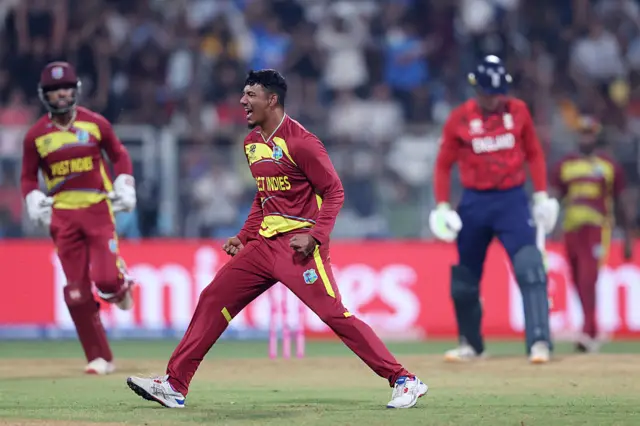 Gudakesh Motie of West Indies celebrates after Brandon King of West Indies (not pictured) catches out Tom Banton of England