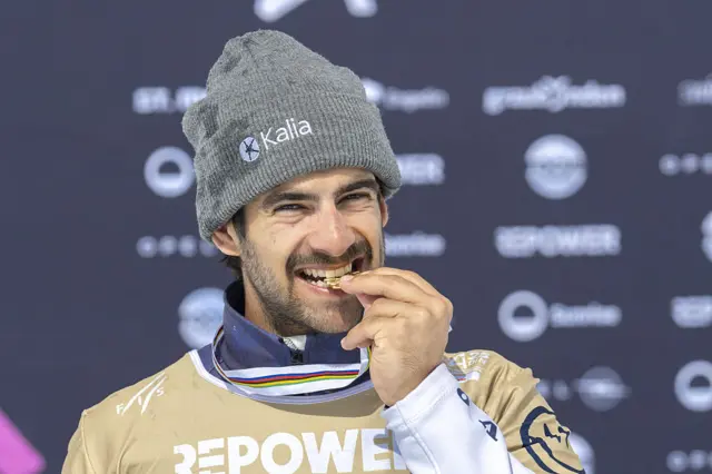Eliot Grondin celebrates his world championship gold