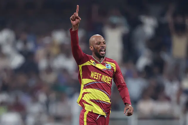 Roston Chase of West Indies celebrates after taking the wicket of Will Jacks of England